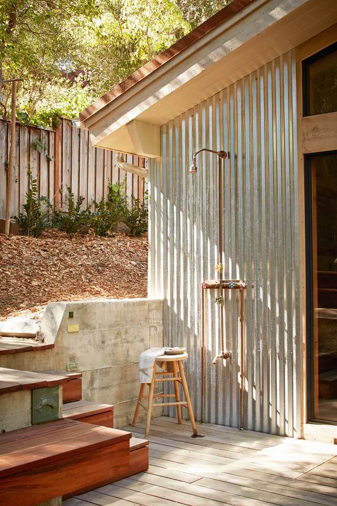 Mountain style outdoor patio shower photo in San Francisco with decking and no cover