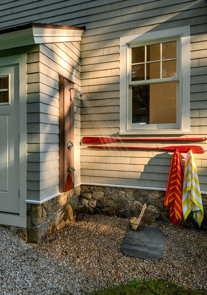 Outdoor patio shower - coastal gravel outdoor patio shower idea in Boston with no cover