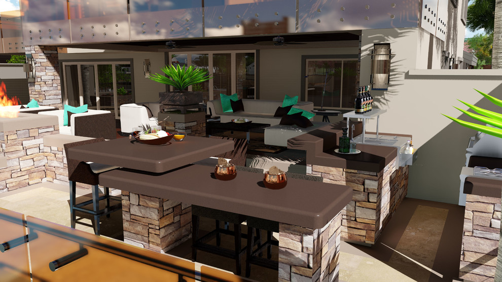 Cette image montre une petite terrasse arrière design avec une cuisine d'été, des pavés en pierre naturelle et une extension de toiture.