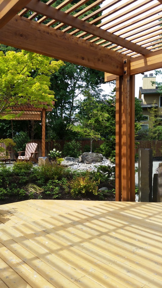 Diseño de patio de estilo zen grande en patio trasero con fuente, entablado y pérgola