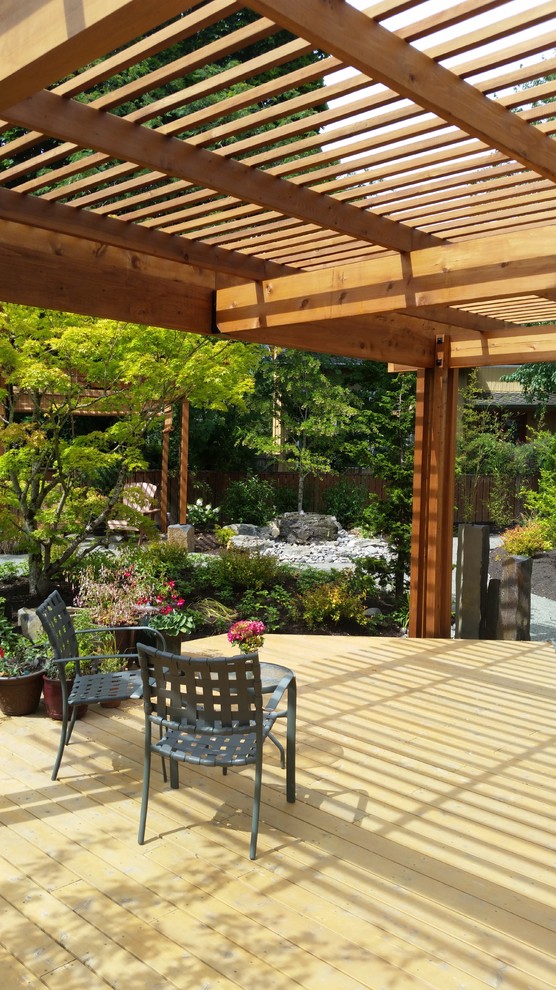 Foto de patio de estilo zen grande en patio trasero con fuente, entablado y pérgola