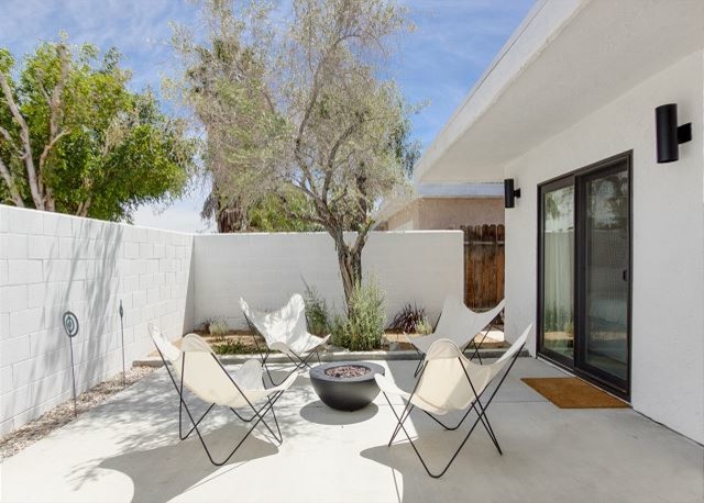 Esempio di un patio o portico moderno di medie dimensioni e dietro casa con un giardino in vaso, lastre di cemento e un tetto a sbalzo