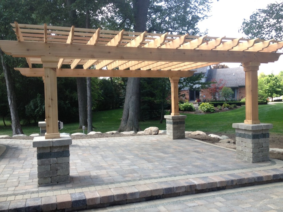 Cedar Pergola with Brick Columns Transitional Patio Detroit by