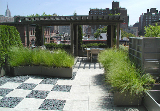 ニューヨークにある中くらいなトラディショナルスタイルのおしゃれな裏庭のテラス (コンテナガーデン、コンクリート板舗装	、パーゴラ) の写真