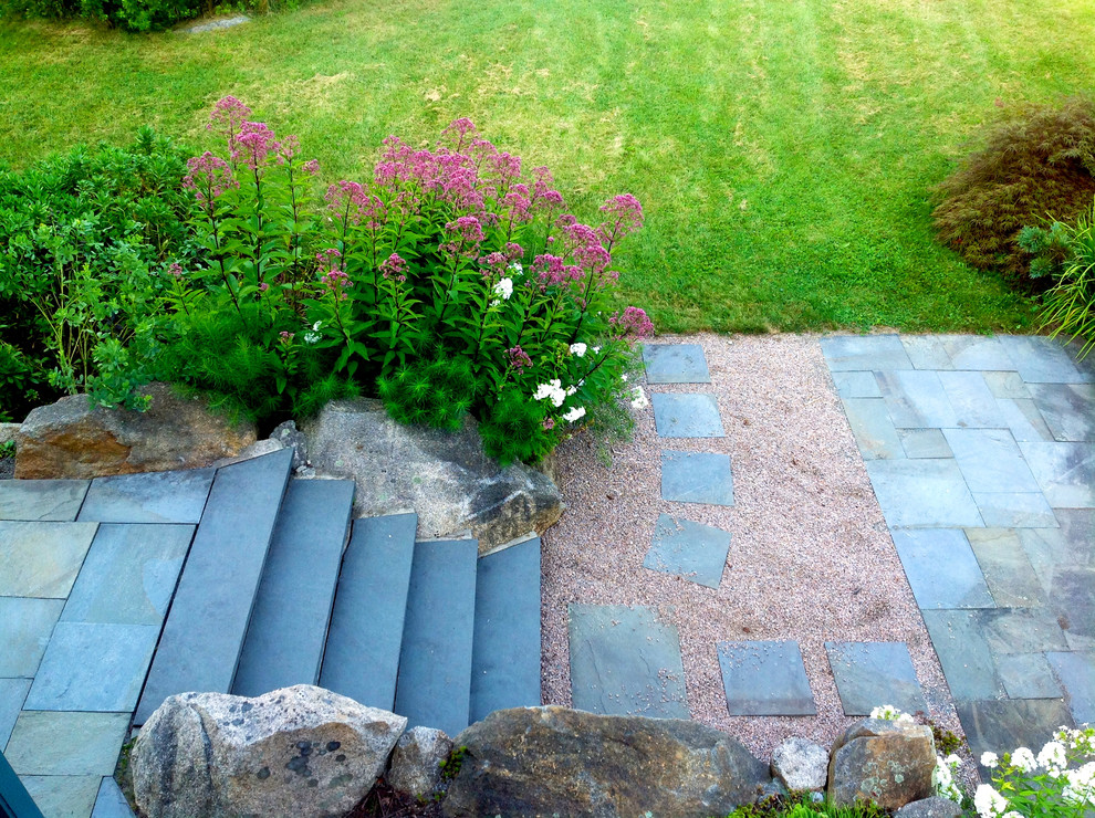 Huge beach style stone patio photo in Richmond