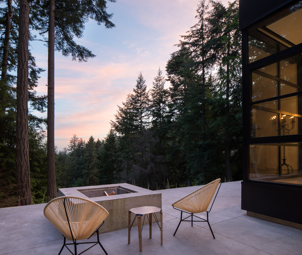 Пример оригинального дизайна: двор в стиле модернизм с местом для костра и покрытием из бетонных плит без защиты от солнца