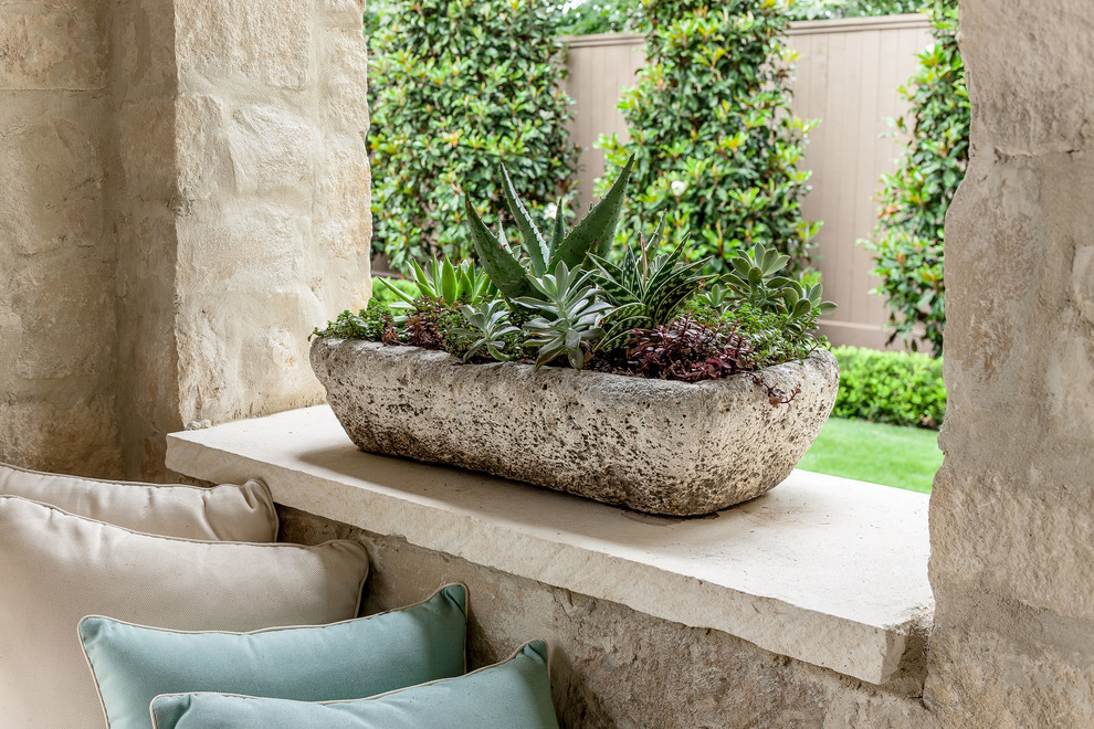 Small tuscan courtyard patio container garden photo in Houston