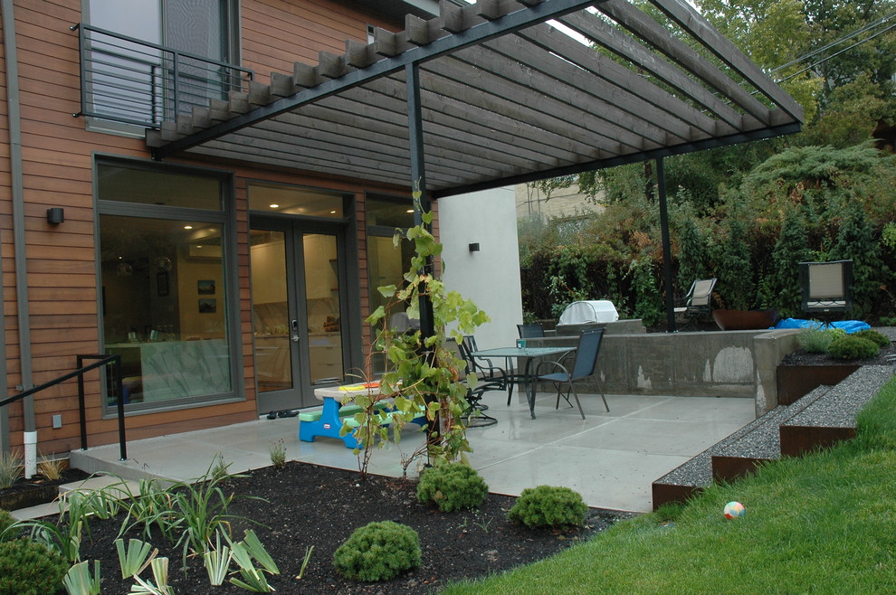 Идея дизайна: пергола во дворе частного дома среднего размера на заднем дворе в стиле модернизм с мощением тротуарной плиткой