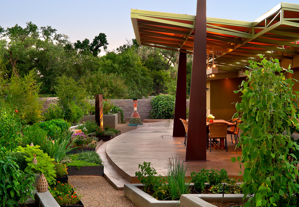 Photo of a contemporary patio in Albuquerque with a roof extension.