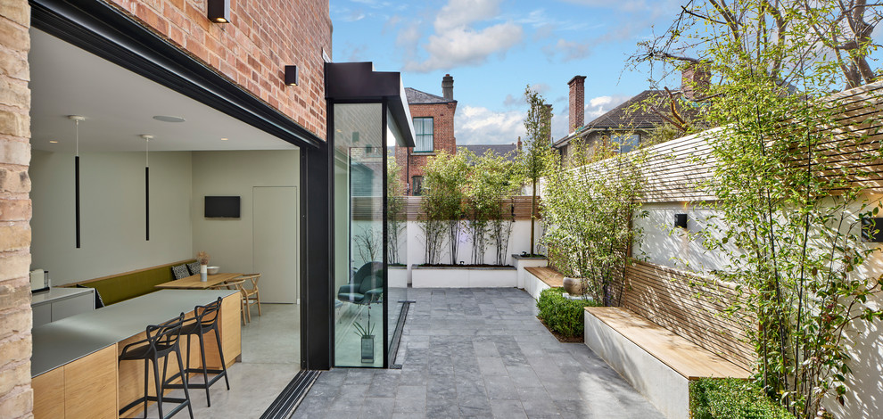 Стильный дизайн: двор среднего размера на заднем дворе в современном стиле без защиты от солнца - последний тренд