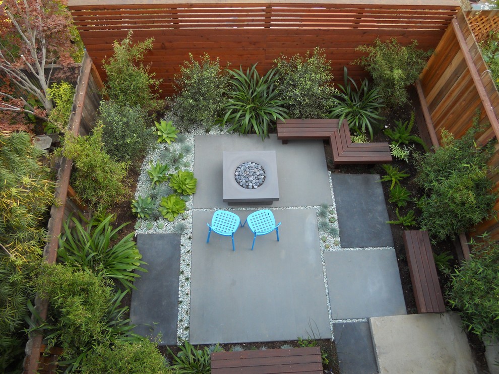 Patio - contemporary backyard patio idea in San Francisco with a fire pit