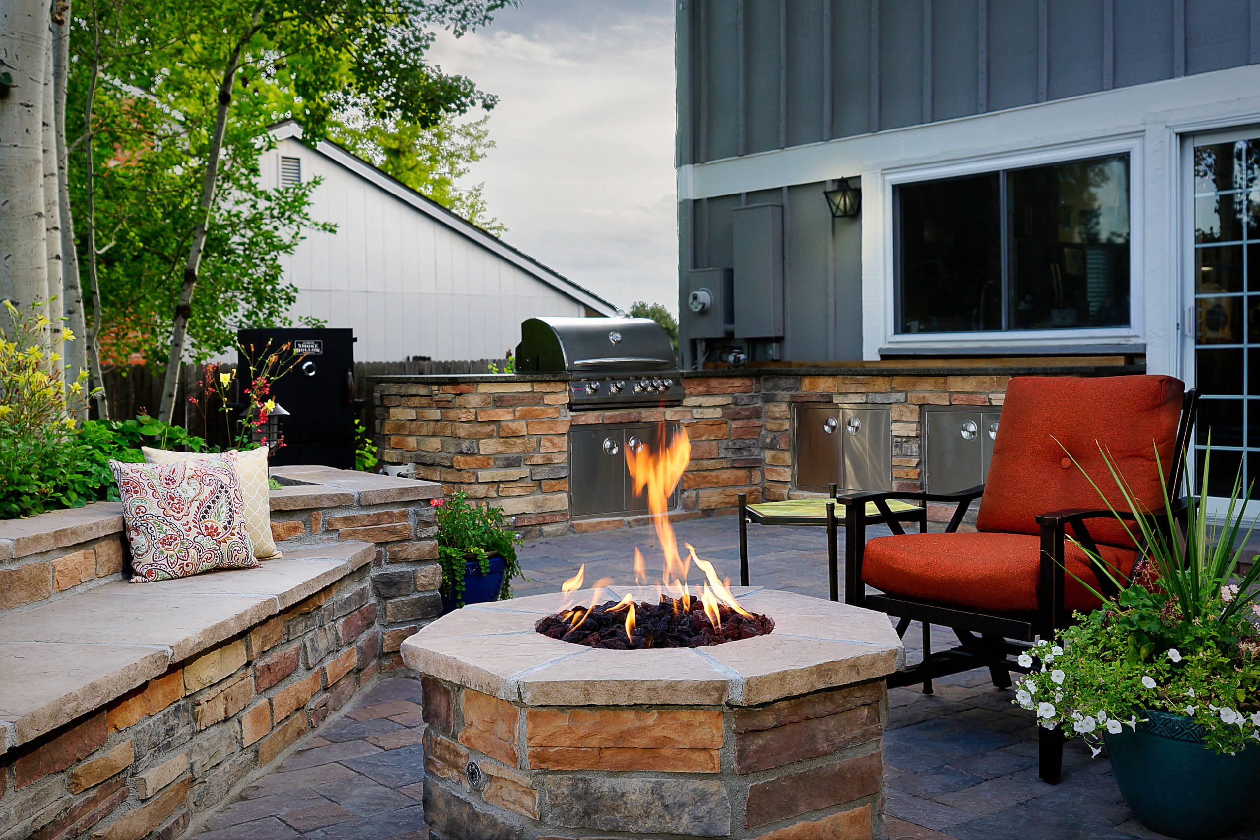 Cool Patio With Fire Pit And Roof Cover, Fire Pit Contractors
