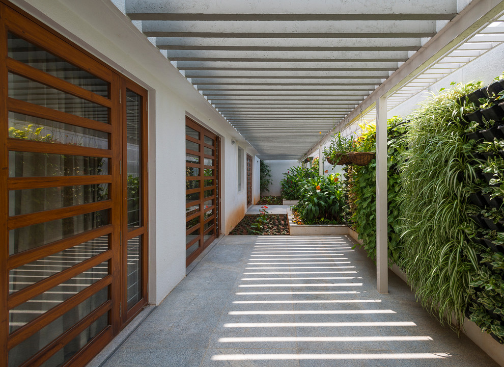 Стильный дизайн: пергола во дворе частного дома среднего размера на боковом дворе в стиле модернизм с вертикальным садом и мощением тротуарной плиткой - последний тренд