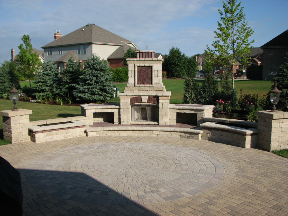 Custom Fireplace w/ Curved Wood Boxes, Hearth, Integral Planter Boxes