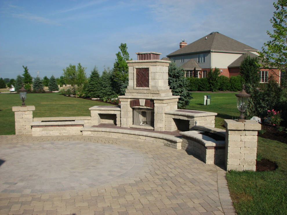 Custom Fireplace w/ Curved Wood Boxes, Hearth, Integral Planter Boxes