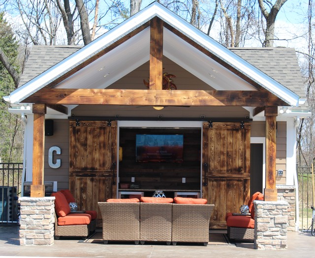 Custom Poolhouse and Pool Arts & Crafts Courtyard Cleveland by