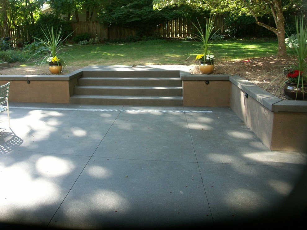 На фото: двор среднего размера на заднем дворе в классическом стиле с покрытием из бетонных плит без защиты от солнца
