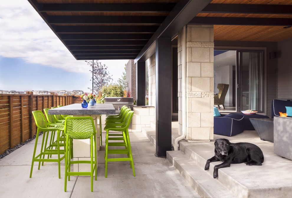 Cette photo montre une terrasse tendance avec une cuisine d'été, une dalle de béton et une extension de toiture.