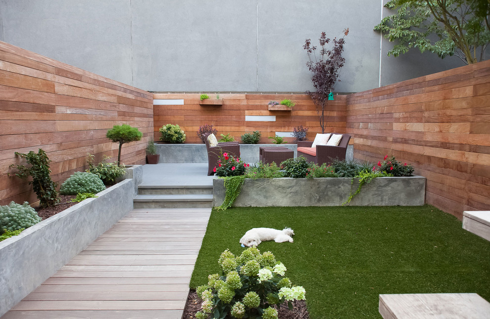 Cette photo montre une terrasse arrière moderne avec une dalle de béton et aucune couverture.