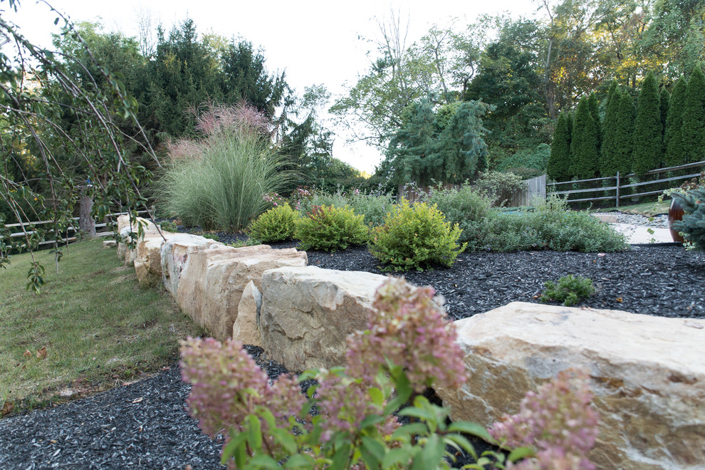 Ejemplo de jardín de estilo americano de tamaño medio en patio trasero con chimenea y adoquines de hormigón
