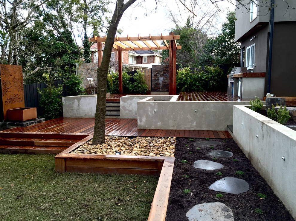 Inspiration for a large contemporary backyard patio fountain remodel in Melbourne with decking and no cover