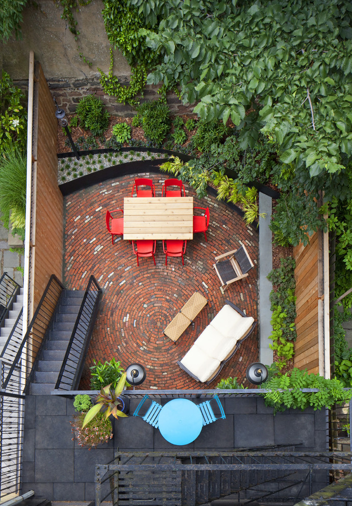 Small eclectic backyard brick patio photo in New York