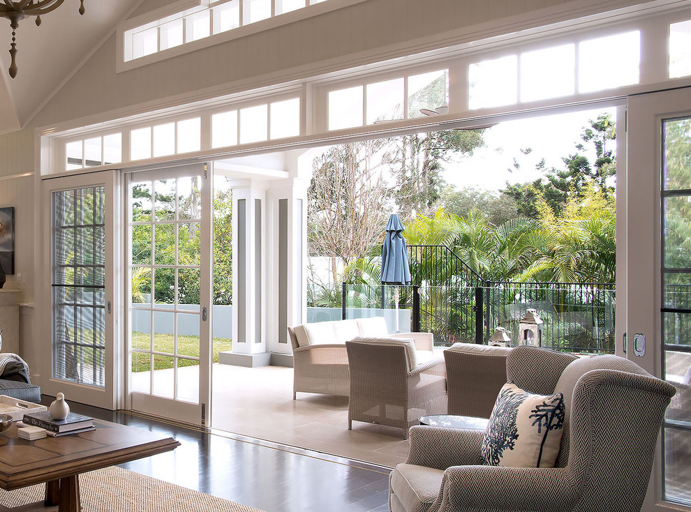 Eden Made white Hampton's style timber and glass sliding doors Patio