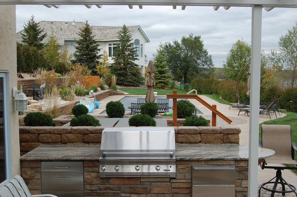 Inspiration for a timeless backyard patio kitchen remodel in Minneapolis with a pergola
