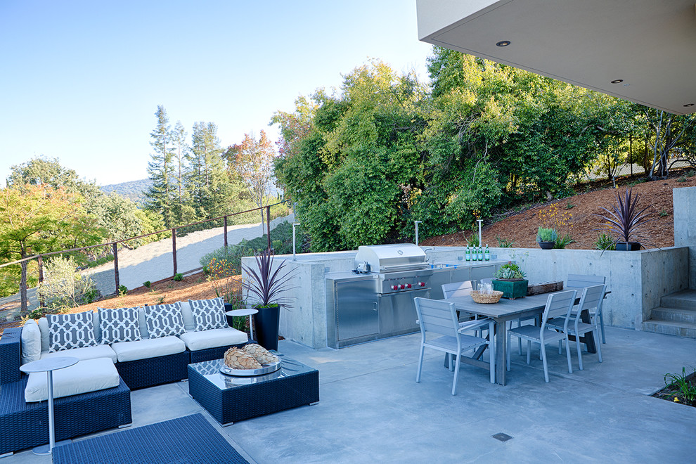Стильный дизайн: большой двор на заднем дворе в стиле модернизм с летней кухней и покрытием из бетонных плит без защиты от солнца - последний тренд