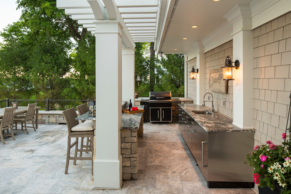 Patio kitchen - large craftsman backyard concrete paver patio kitchen idea in Minneapolis with a pergola