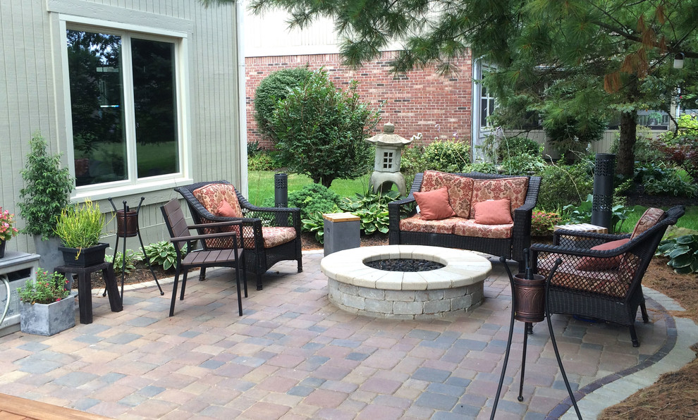 Mid-sized backyard brick patio photo in Indianapolis with a fire pit and no cover