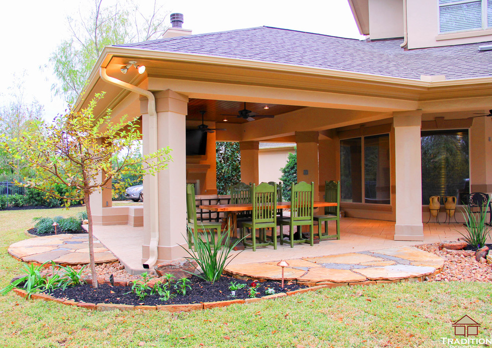 Extended Covered Patio with Fireplace and Dining Room Traditional