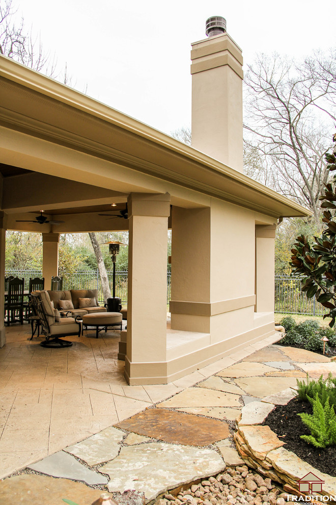 Extended Covered Patio with Fireplace and Dining Room Traditional