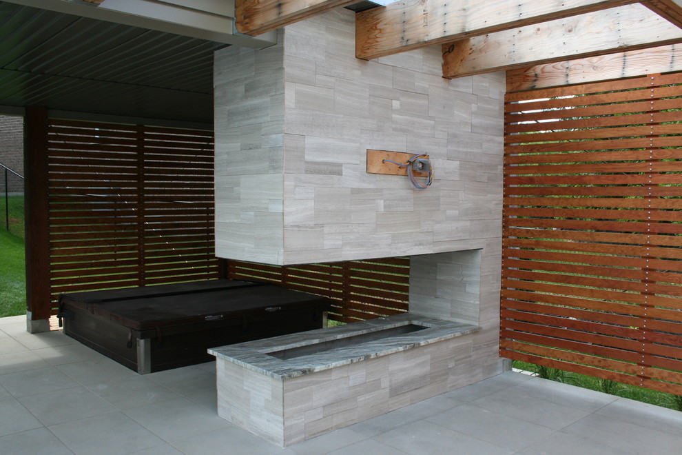 Exterior 3 Sided Fireplace Tile Kitchener Transitional Patio