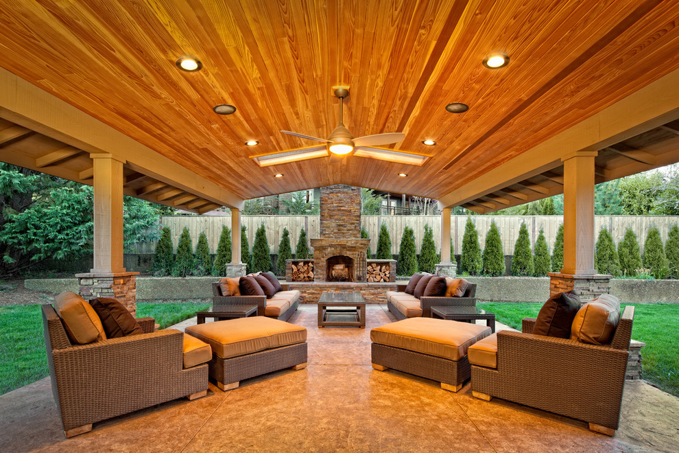 Trendy patio photo in Portland with a roof extension