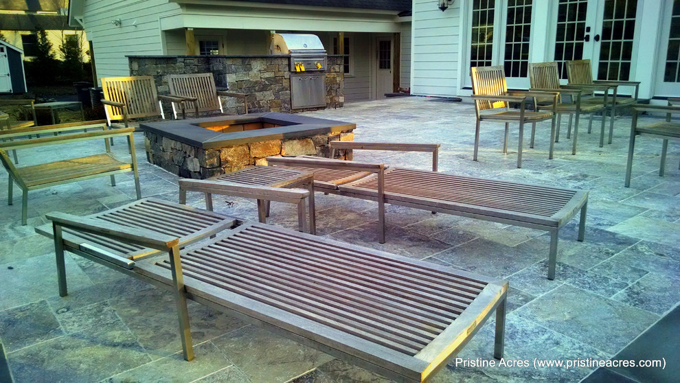 Falls Church Raised Travertine Patio, Firepit, & Grill Counter