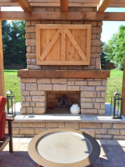 Farmhouse Outdoor Fireplace With Custom Cedar Tv Cabinet Country Patio Cincinnati By Two Brothers Brick Paving Houzz Uk Custom Cedar Tv Cabinet, Outdoor Patio With Fireplace And Tv