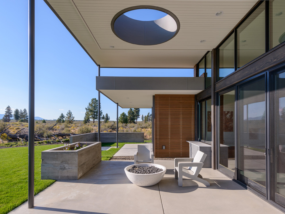 Inspiration pour une terrasse minimaliste avec une dalle de béton et une extension de toiture.
