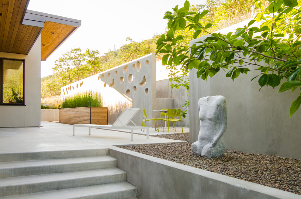 Стильный дизайн: двор на заднем дворе в стиле модернизм с покрытием из бетонных плит - последний тренд