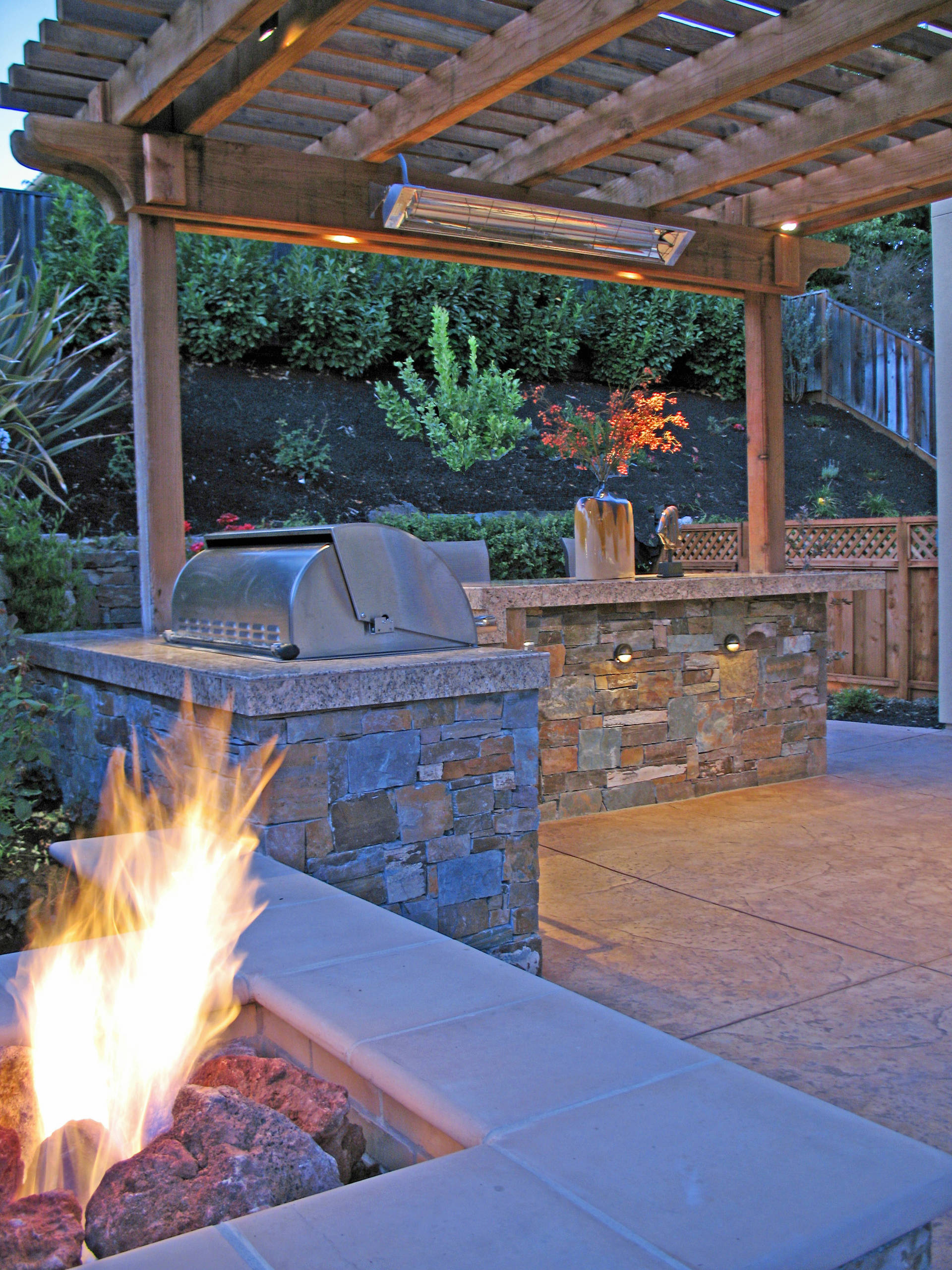 stamped concrete patio with fire pit on Fire Pit Bbq And Arbor A Heater Rustic Patio San Francisco By Alder Group Pool And Landscape Co Houzz