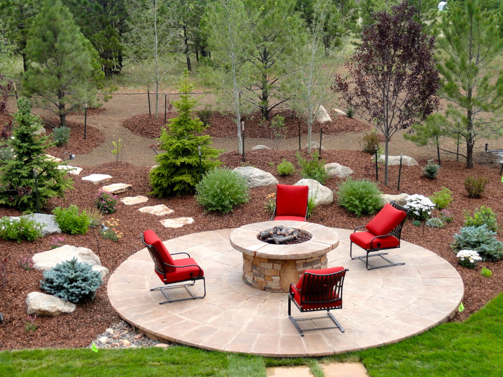 Elegant backyard stone patio photo in Denver with no cover