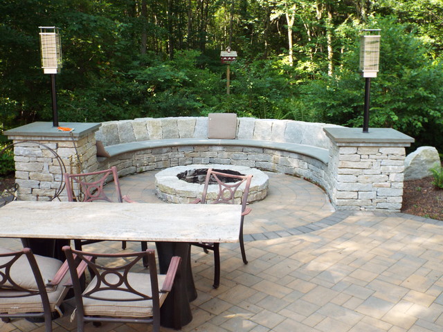 Fireplace, Stone bench, Outdoor Kitchen - Rustic - Patio - New York ...