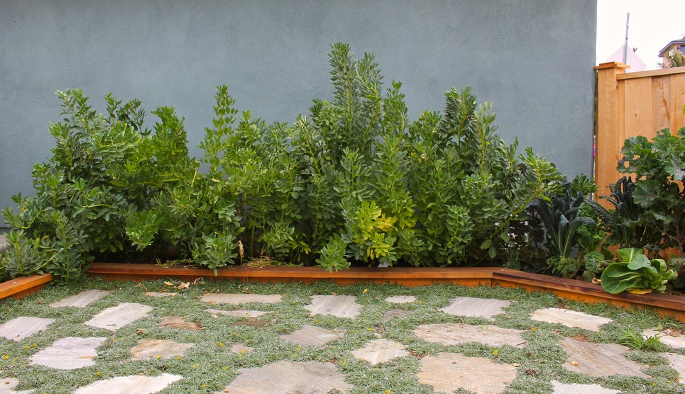 Kleines, Unbedecktes Retro Patio mit Gemüsegarten hinter dem Haus mit Natursteinplatten in San Diego
