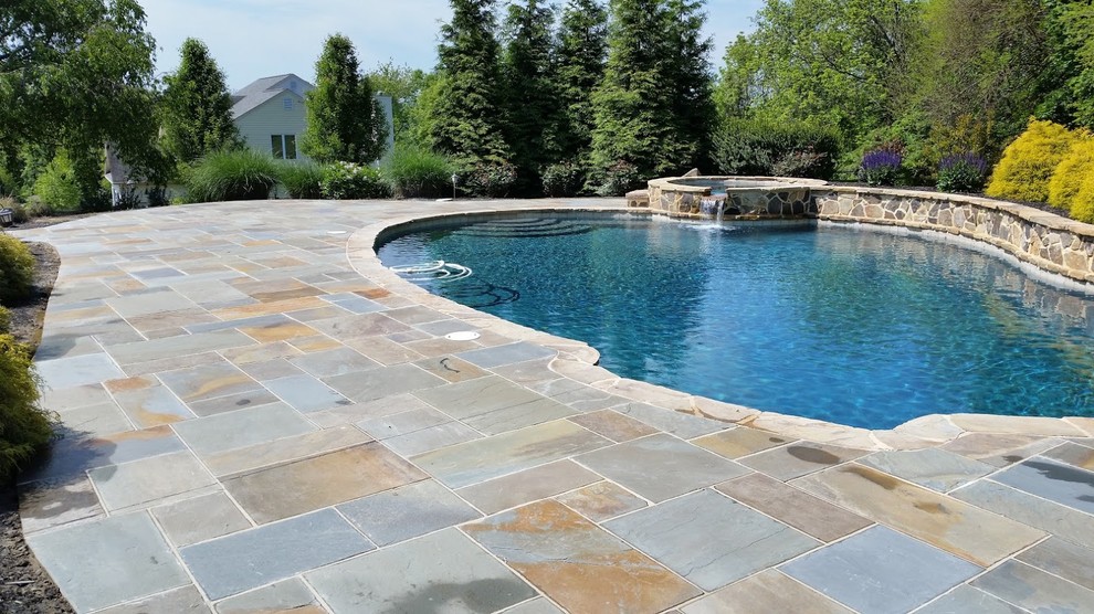 Flagstone pool deck Farmhouse Patio Philadelphia by KM Gardens Inc. Houzz