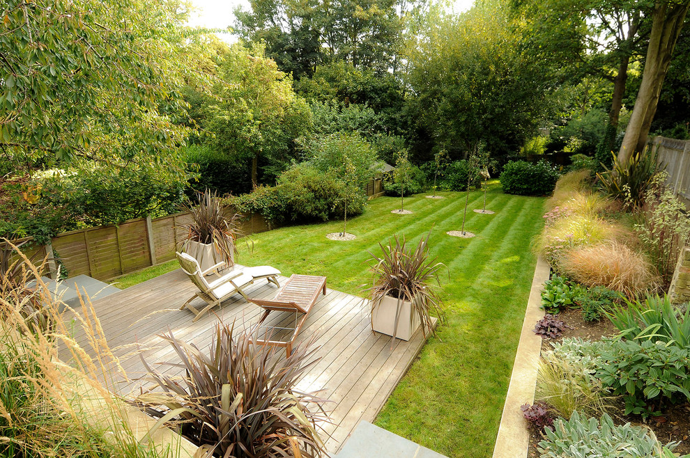 This is an example of a medium sized contemporary back patio in London with no cover.