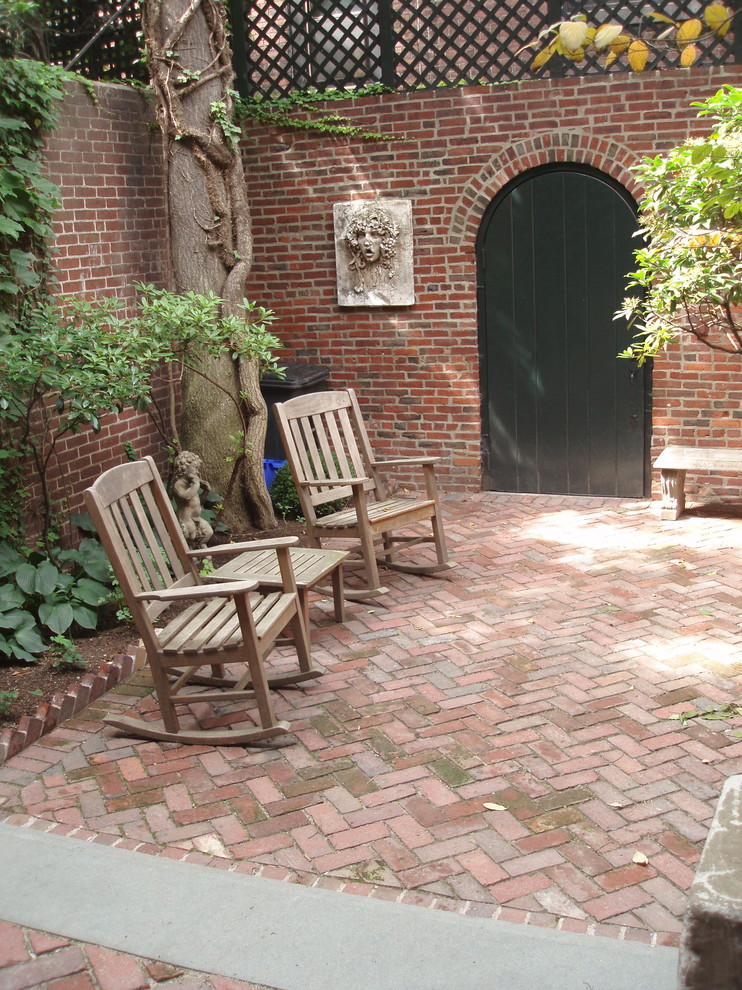Garden Level View With Herringbone Patio Looking Toward Alley Door Traditional Boston By Natalie Denorman Houzz Traditional Patio Boston, Herringbone Brick Patio