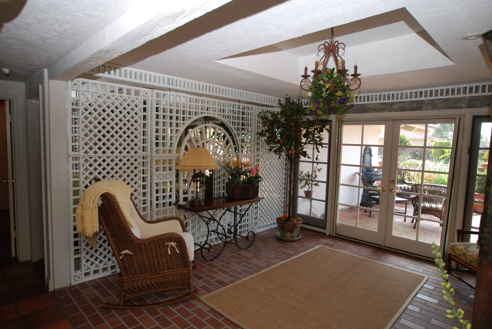 Garden Sunroom With Trompel'oeil Painting Walls & Trellis Over Mirror Midcentury Patio