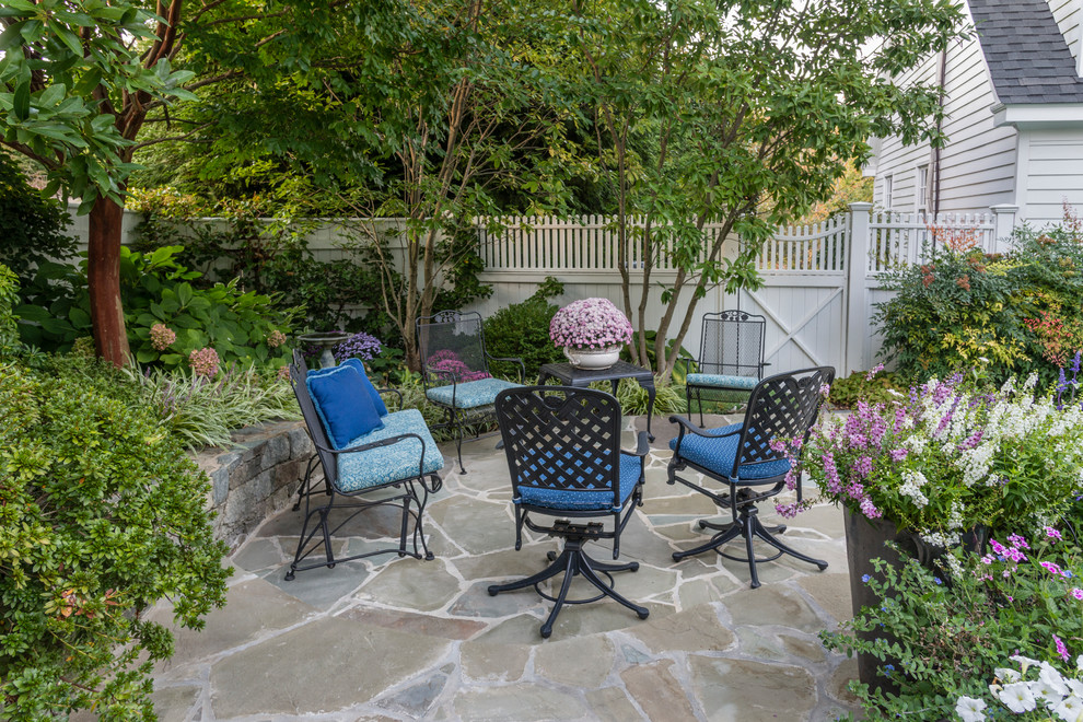 Kleiner Moderner Patio hinter dem Haus mit Kübelpflanzen und Natursteinplatten in Washington, D.C.