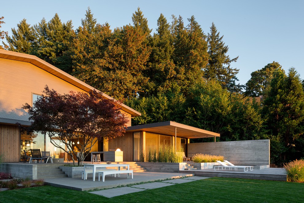 Пример оригинального дизайна: двор на заднем дворе в стиле ретро с летней кухней и покрытием из бетонных плит без защиты от солнца