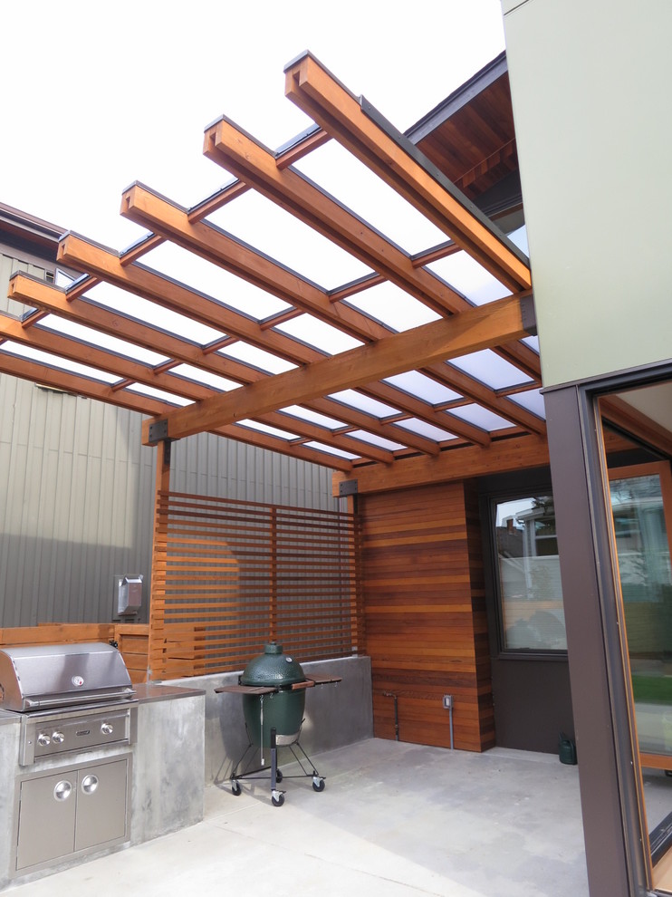 Idée de décoration pour une terrasse arrière design avec un foyer extérieur.